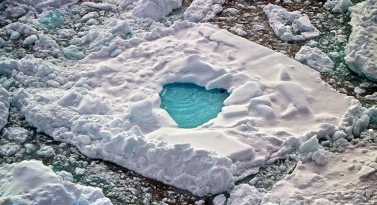 Sebastian Menze, Alfred-Wegener-Instut | Eisscholle mit Schmelztümpel Eine arktische Eisscholle mit einem kleinen Schmelztümpel. Das Foto entstand während einer Polarstern-Expedition in die Framstraße im Jahr 2012.