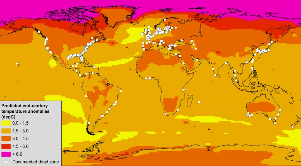 Keryn Gedan und Andrew Altieri / Smithsonian | Map of known dead zones (white dots) and predicted changes in annual air temperature for 2080-2099 vs. 1980-1999. Air temperature predictions are based on a “middle-of-the-road” scenario of fossil fuel use.