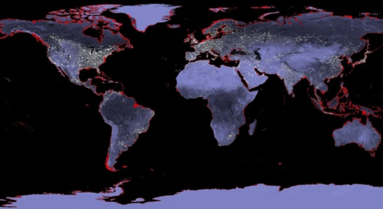 NASA | A one metre rise in sea level would flood the areas shaded red.