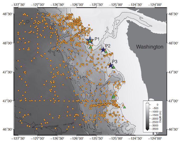 Una Miller | washington.edu | The yellow dots show all the ocean temperature measurements off the Washington coast from 1970 to 2013. The green triangles are places where scientists and fishermen have seen columns of bubbles. The stars are where the UW researchers took more measurements to check whether the plumes are due to warming water.