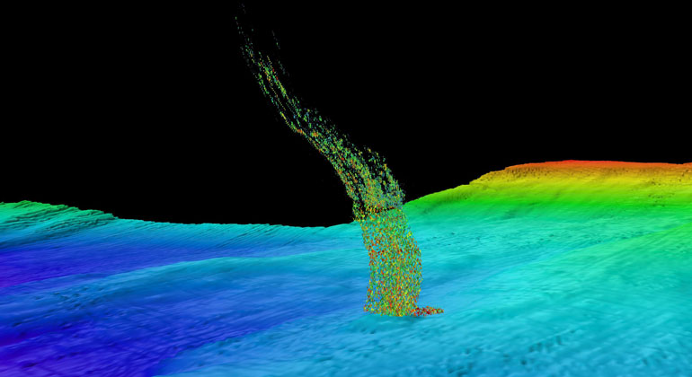 Brendan Philip / UW http://bit.ly/1quVZnv | Sonar image of bubbles rising from the seafloor off the Washington coast. The base of the column is 1/3 of a mile (515 meters) deep and the top of the plume is at 1/10 of a mile (180 meters) deep.
