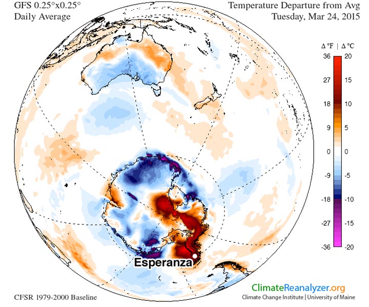 University of Main Climate Reanalyzer | Die Grafik veranschaulicht, wie extrem die Tagesdurchschnitts-Temperaturen in der vergangenen Woche auf der Südhalbkugel waren: Kräftiges Rot in Teilen der Antarktis steht für historisch hohe Temperaturen, während im herbstlichen Australien die Temparaturen kaum vom langjährigen Durchschnitt abweichen.