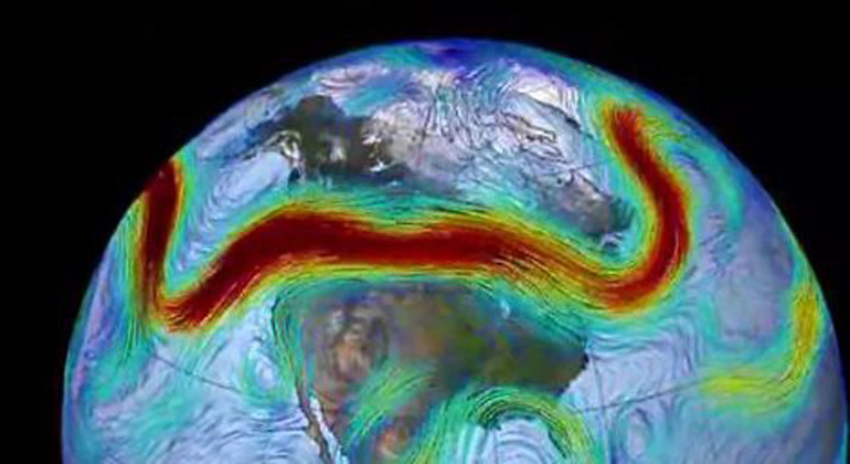 NASA | Die Jetstreams umkreisen den Globus in großen schlangenförmigen Bewegungen, deren Lage sich beständig ändert. Dunkelrot eingefärbt ist hier der Polarfront-Jetstream über Kanada.