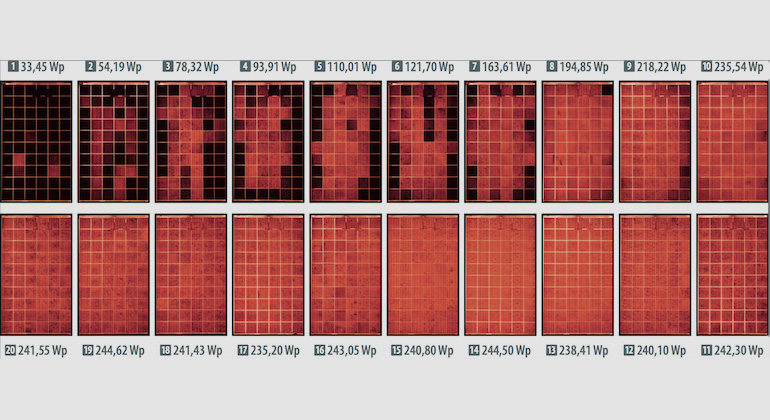 Adler Solar, Grafik: pv magazine/Harald Schütt | Dunkle Stellen im Elektrolumineszenzbild zeigen, dass die Solarzellen nicht mehr funktionieren. Hier sind sie PID geschädigt.