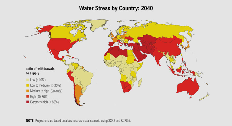 World Resources Institute | Wasserknappheit wird es 2040 vor allem zwischen dem 20. und 45. Breitengrad geben, prognostiziert das World Resources Institute.