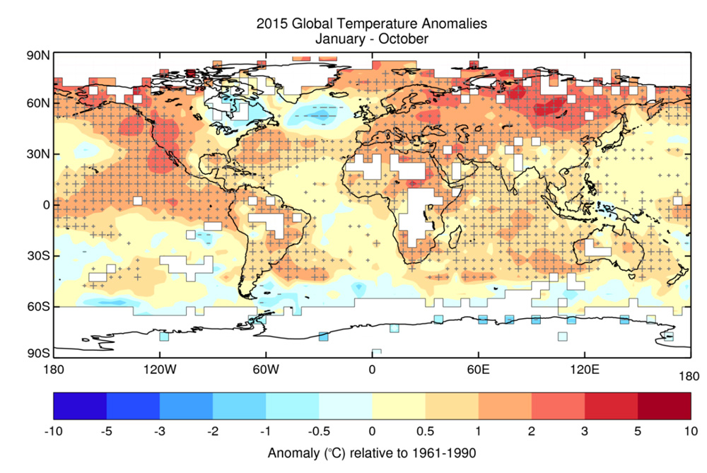 wmo.int | Met Office Hadley Centre | Average temperature anomalies for January to October 2015 from the HadCRUT.4.4.0.0 data set. Crosses (+) indicate temperatures that exceed the 90th percentile, signifying unusual warmth, and dashes (-) indicate temperatures below the 10th percentile, indicating unusually cold conditions. Large crosses and large dashes indicate temperatures outside the range of the 2nd to 98th percentiles.