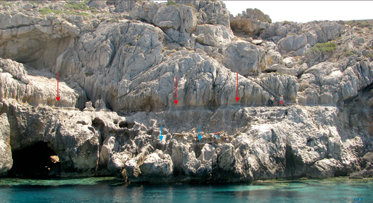 V. Mouslopoulou | GFZ | Scientists look for remnants of paleo-shorelines on western Crete. Red and blue arrows indicate paleo-shorelines formed during the last two thousand years and are today elevated by up to 8 meters.