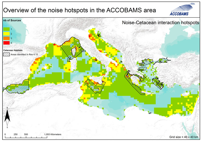 OCEAN CARE | Erklärung zur Grafik 2 (Figure 10, S. 29 - siehe oben): "Lärm-Hotspots des Mittelmeers unter Berücksichtigung für Wale und Delphine ausgewiesener oder empfohlener Schutzzonen" Die Abbildung zeigt die Überlagerung von Gebieten mit anthropogenen Lärmquellen mit Schutzzonen, die von den Vertragsstaaten des Übereinkommens für den Schutz der Wale und Delphine im Schwarzen Meer, Mittelmeer und angrenzenden Atlantikgebiet (ACCOBAMS) 2010 verabschiedet wurden. Die Darstellung gibt an, wo Konflikte zwischen dem Schutz der Meeressäuger und lärmintensiven menschlichen Aktivitäten wahrscheinlich sind. Gebiete ohne angezeigte Lärmquellen sind nicht als ruhige respektive lärmunbedenkliche Zonen zu interpretieren, da der Schiffsverkehr als wichtige Beschallungsquelle nicht abgebildet ist und die recherchierten Lärmquellen aufgrund fehlender zentraler Datenbank über lärmintensive Aktivitäten, fehlender Transparenz zu seismischen Explorationen, geringer Auskunftswilligkeit gewisser Akteure und zuständiger Behörden, sowie der sicherheitspolitischen Natur militärischer Aktivitäten sowohl räumlich als auch zeitlich kein komplettes Bild der Situation geben können.