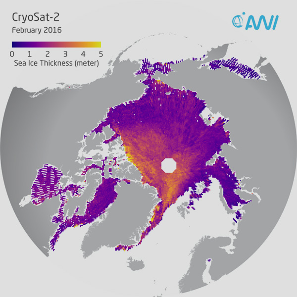 Alfred-Wegener-Institut | Stefan Hendricks | Darstellung der CryoSat-2-Meereisdickendaten für den Monat Februar 2016.