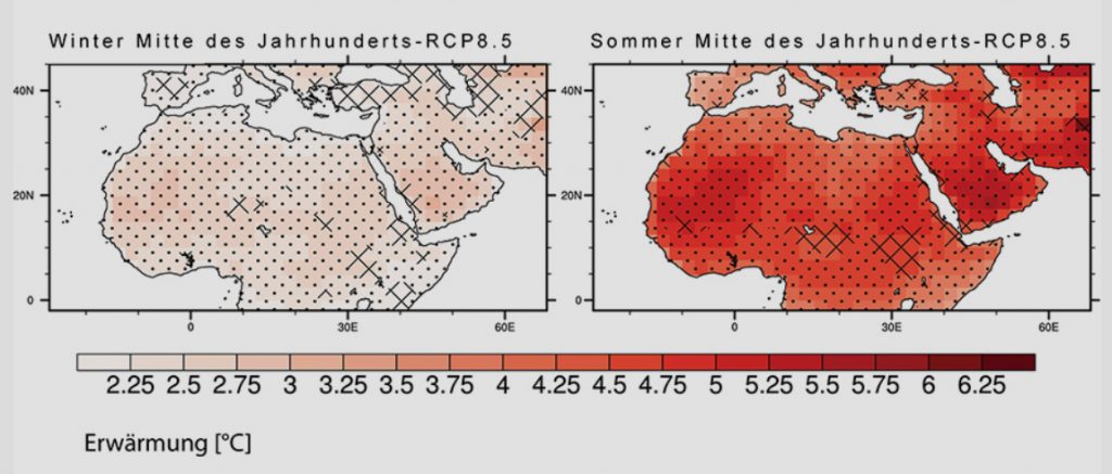 Climate Change/MPI für Chemie | Unerträglich heiß: Im Nahen Osten und Nordafrika werden die durchschnittlichen Temperaturen im Winter bis zur Mitte des Jahrhunderts um etwa 2,5 Grad Celsius (links) und im Sommer um etwa fünf Grad Celsius steigen (rechts), wenn die weltweiten Treibhausgasemissionen weiter zunehmen wie bisher (RCP8,5). Die Kreuzschraffur deutet an, dass die Modellergebnisse für diesen Gebiete weitgehend übereinstimmen, an punktierten Stellen ist die Übereinstimmung nahezu vollständig.