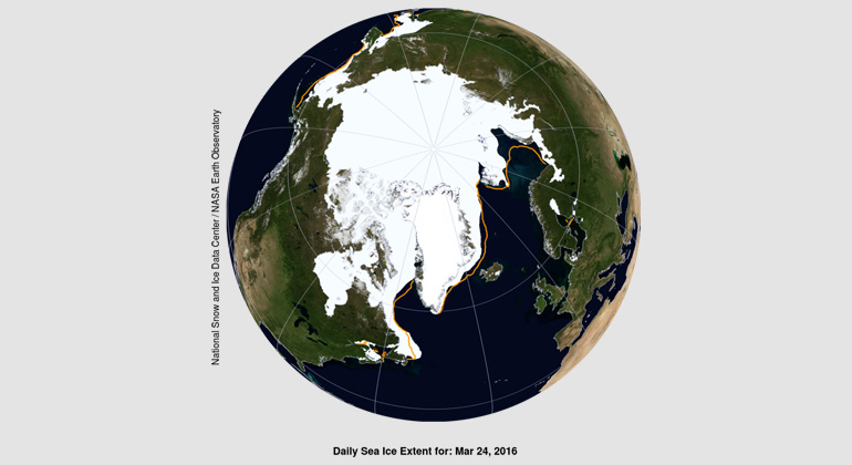 National Snow and Ice Data Center/NASA Earth Observatory | This NASA Blue Marble image shows Arctic sea ice extent on March 24, 2016, which averaged 14.52 million square kilometers (5.607 million square miles) on March 24, beating last year’s record low of 14.54 million square kilometers (5.612 million square miles) on February 25.