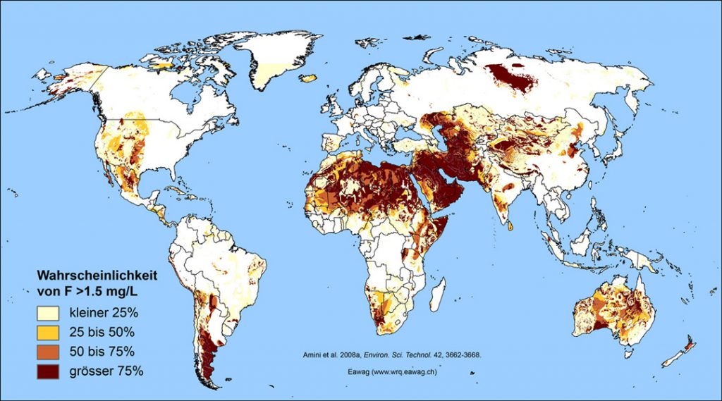 eawag.ch | Wahrscheinlichkeit für das Vorkommen von Grundwasser mit Fluoridkonzentrationen, die über dem Grenzwert der WHO von 1,5 mg/L liegen. (Amini et al. 2008a)