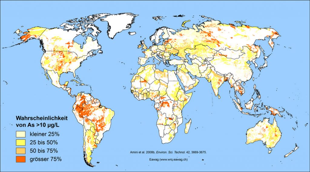 eawag.ch | Wahrscheinlichkeit für das Vorkommen von Grundwasser mit Arsenkonzentrationen, die über dem Grenzwert der WHO von 10 μg/L liegen. (Amini et al. 2008b)