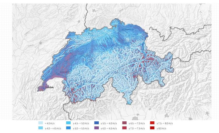 BFE | Die Winddaten auf www.windatlas.ch basieren auf einer Simulation mit langjährigen Klimadaten und lokalen Windmessungen in einem Raster von 100x100 Metern.