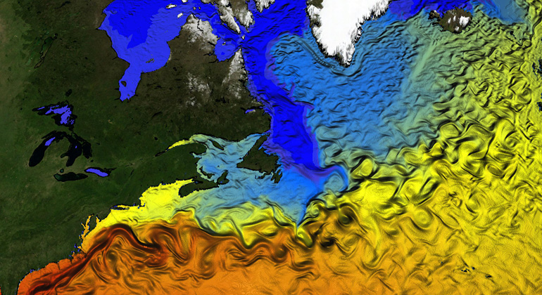 ocean modeling group GEOMAR | Propagation of the Greenland meltwater. Today's distribution of the additional influx of meltwater since 1990 illustrates the southward export along the American continent. The color scale shows cubic meters of meltwater per square meter of ocean surface.