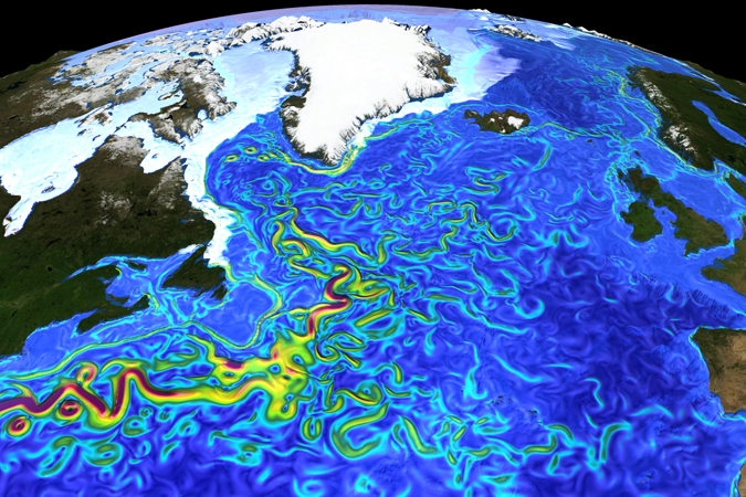 Ozeanmodellierungsgruppe GEOMAR | Momentaufnahme der Strömungsgeschwindigkeiten und Meereisverteilung im hochaufgelösten Ozeanmodell. Das Bild illustriert den verwirbelten Verlauf des Golfstroms sowie die schmalen Strombänder und Wirbel in den Meeresgebieten um Grönland.