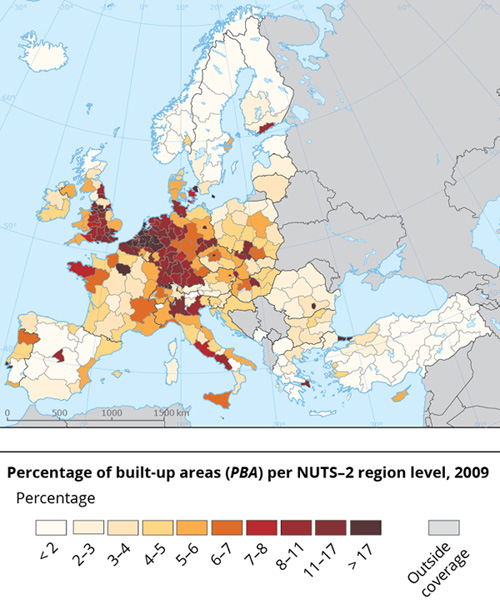 European Environment Agency, 2016 | Percentage of build-up areas (PBA) per NUTS-2 region level, 2009.