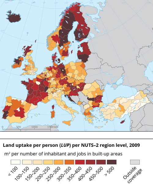 European Environment Agency, 2016 | Land uptake per person (LUP) per NUTS-2 region level, 2009