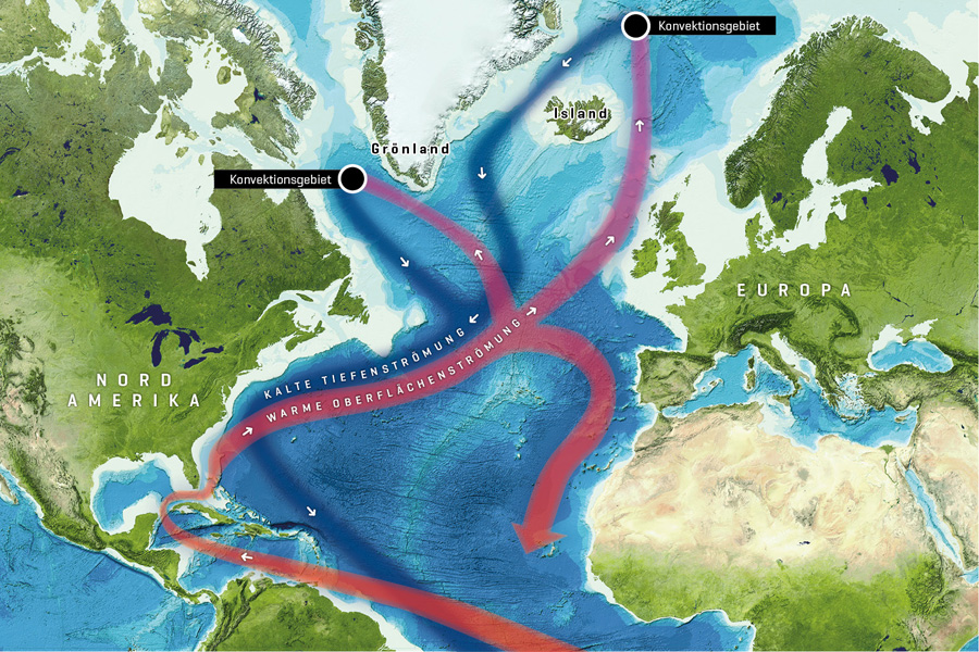 geomar.de | In the North Atlantic particularly dense waters sink into the deep and forms deep-water masses. Whether climate change will affect this process, is studied with numerous model simulations. Graphic: C. Kersten, GEOMAR, maps: www.gebco.net