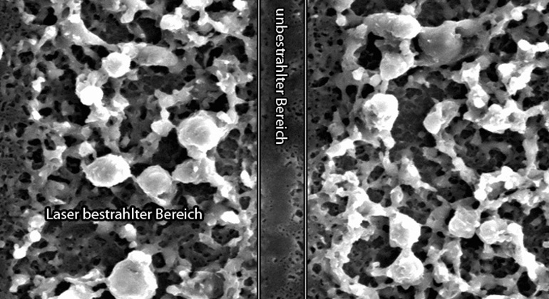 tlb.de | uni-stuttgart.de | REM-Aufnahme einer mikrostabilisierten Silizium-Anode: Rechts und links die poröse Schicht - in der Mitte zu sehen ein Streifen aus unbestrahltem Material.