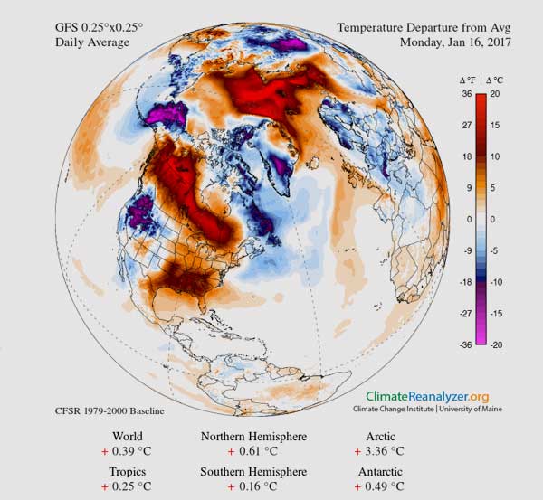 Grafik stammt von ClimateReanalyzer.org und beruht auf Daten des NCEP Global Forecast System (GFS).