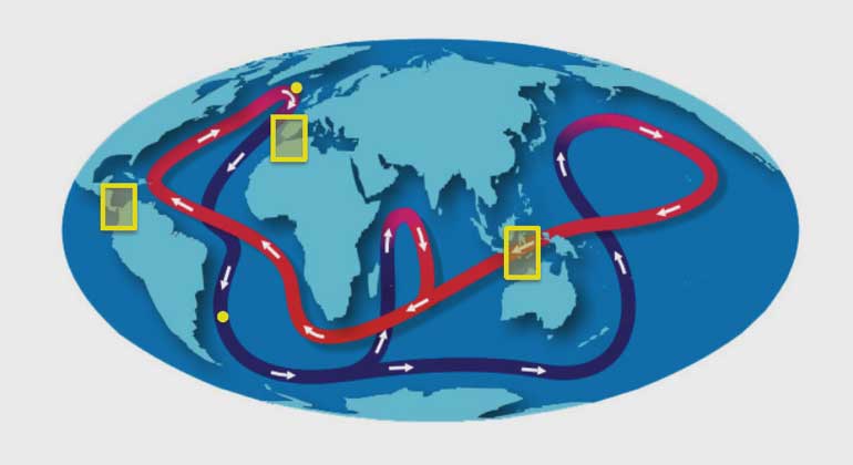 geomar.de | NOAA | Vereinfachte Darstellung der heutigen globalen ozeanischen Umwälzzirkulation. Oberflächenströmungen in rot, tiefe Wassermassen in blau. Die mittelamerikanische Landbrücke, der Indonesische Seeweg und die Straße von Gibraltar (gelbe Rechtecke) besitzen einen Schlüsselfunktion für die Veränderlichkeit dieses Zirkulationsmusters. Die bearbeiteten Tiefbohrungen sind durch gelbe Punkte markiert.