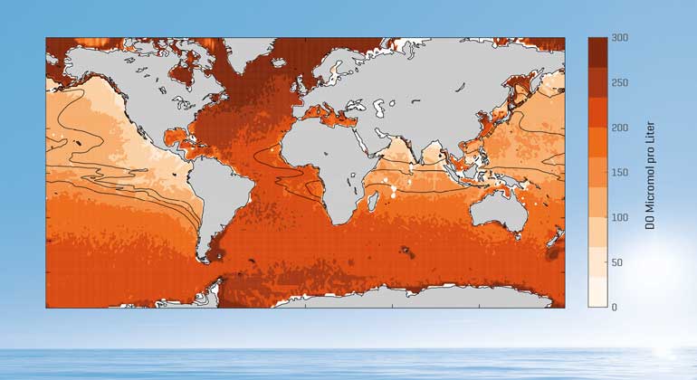 GEOMAR | Sonderforschungsbereich 754 "Klima - biogeochemische Wechselwirkungen im tropischen Ozean" | Mittlerer Sauerstoffgehalt der Wassersäule