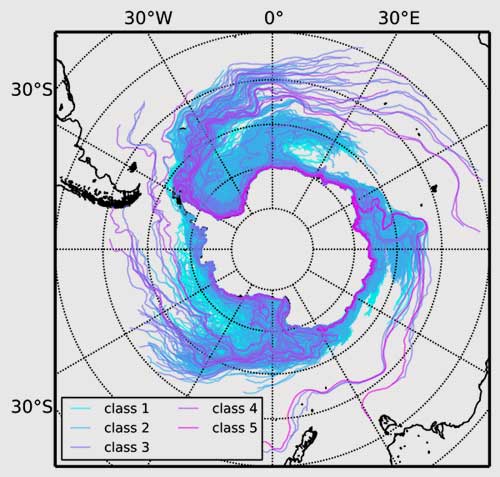 AWI | Thomas Rackow | All modeled iceberg trajectories for the full 12-year simulation. One can see four different highways, which are taken by many icebergs on their way north.