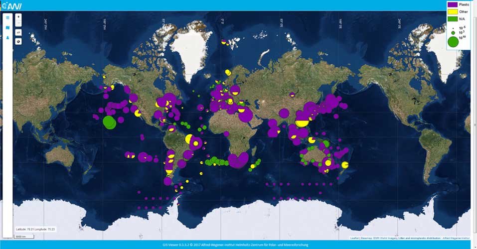 Alfred-Wegener-Institut / AWI-Litterbase | Weltweite Verteilung von Müll und Mikroplastik in aquatischen Lebensräumen (Anzahl pro Quadratkilometer) (Status 23.03.2017). Laufend aktualisierte Grafiken gibt es unter: http://litterbase.awi.de/interaction_graph.