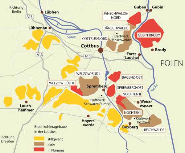 lausitzer-braunkohle.de | Von den auf deutscher Seite geplanten neuen Tagebauen soll jetzt nur das Teilfeld Mühlrose in Nochten – das ist der in den aktiven Tagebau ragende rote Keil – aufgeschlossen werden.