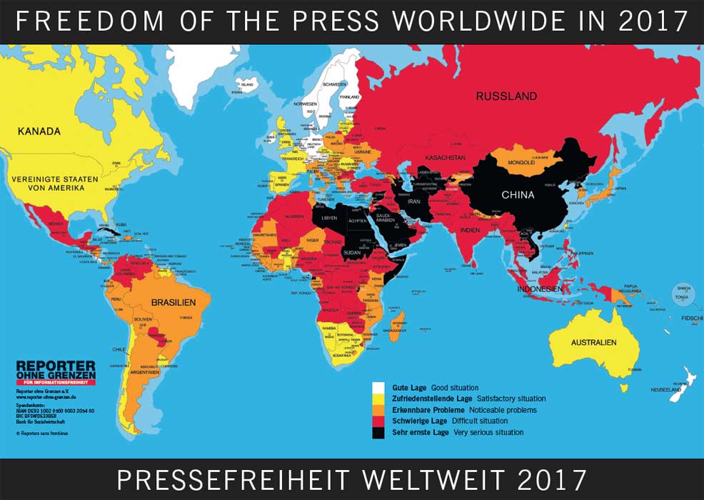 reporter-ohne-grenzen.de | Die Rangliste der Pressefreiheit 2017 vergleicht die Situation für Journalisten und Medien in 180 Staaten und Territorien. Untersucht wurde im Wesentlichen das Kalenderjahr 2016.
