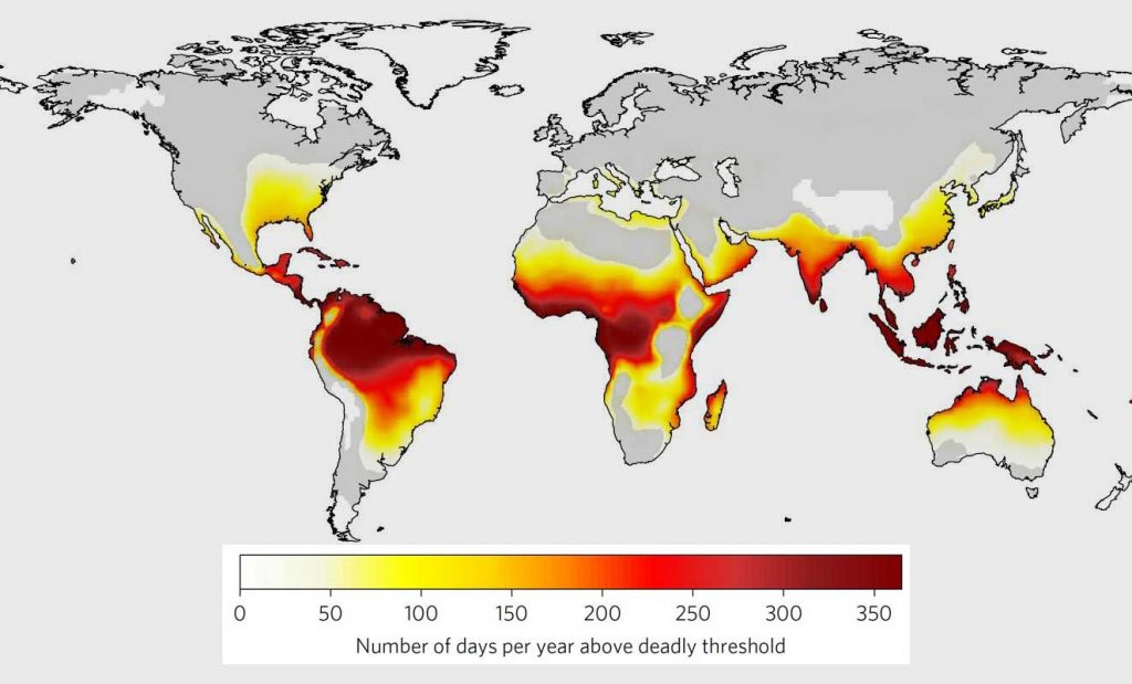 hawaii.edu | Number of days in a year by 2100 when climatic conditions will exceed the deadly threshold. a, strong mitigation and b, business-as-usual scenarios.