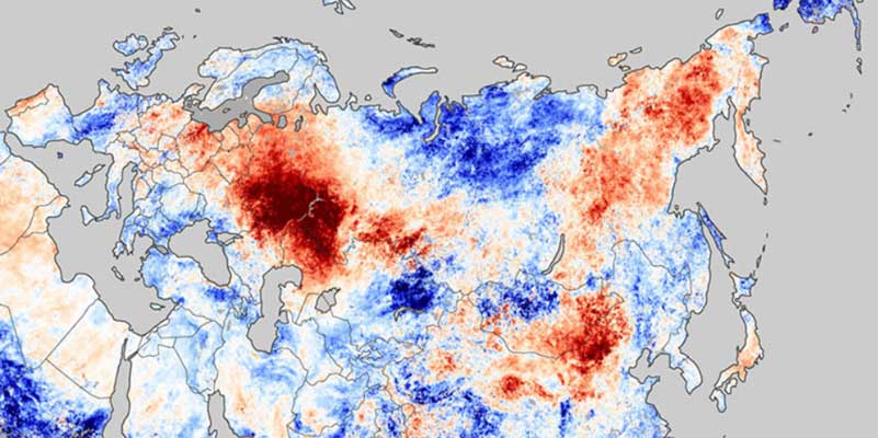 NASA Earth Observatory / Jesse Allen | A recent example for a compound climate extreme: heat wave in Russia in summer 2010.