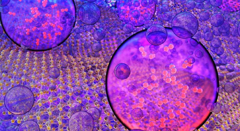 Ryan Chen/LLNL | Hydrogen gas bubbles evolve from water at tantalum disulfide electrocatalyst surfaces. Catalytic activity in layered metal dichalcogenides like these is usually limited to edges, but this work reports new materials that also can generate hydrogen at the surfaces.