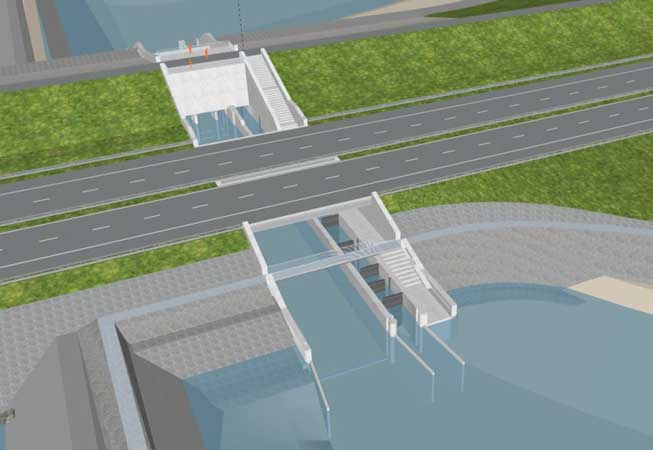 De Nieuwe Afsluitdijk | „Loch“ im Deich ermöglicht Fischwanderungen. Computer-Animation des geplanten Fischmigrationsflusses.