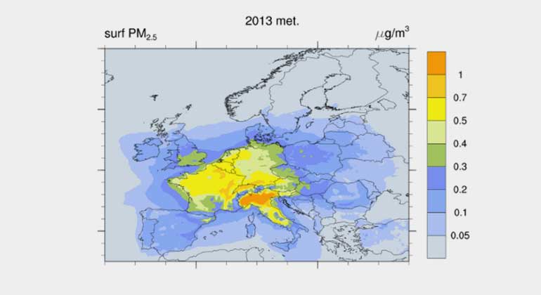 International Institute for Applied Systems Analysis (IIASA) | Jonson et al 2017 | This map shows the concentration of fine particulate matter due to excess NOx emissions from diesel cars, vans and light commercial vehicles across Europe. Blue colours indicate low concentrations, orange and red indicates high extra pollution. Unit: microgram PM2.5 per cubic metre, annual average 2013.