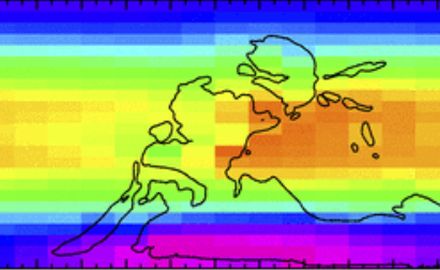 pik-potsdam.de | Karte jährlicher Durchschnittstemperatur der späten Karbon-Eiszeit mit 150ppm CO2 und kalter Orbitalstruktur, Konturen der Kontinente nachgestellt. Fig. 2 in Feulner et al (Ausschnitt)