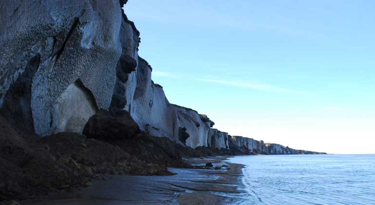 Alfred-Wegener-Institut (AWI) | Thomas Opel | 35 meters high Pleistocene Ice Complex cliff at Sobo Sise Island (Lena Delta), Siberian Arctic