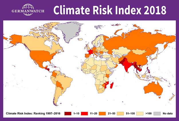 Germanwatch und Munich Re NatCatSERVICE | Weltkarte des Globalen Klima-Risiko-Index für die Jahre 1997–2016