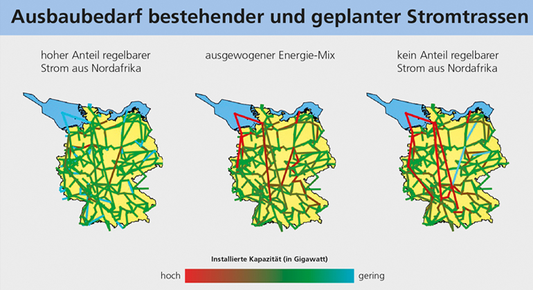 DLR (CC-BY 3.0) | Der Ausbaubedarf bestehender und geplanter Stromtrassen mit unterschiedlichem Anteil regelbarem Strom aus Nordafrika