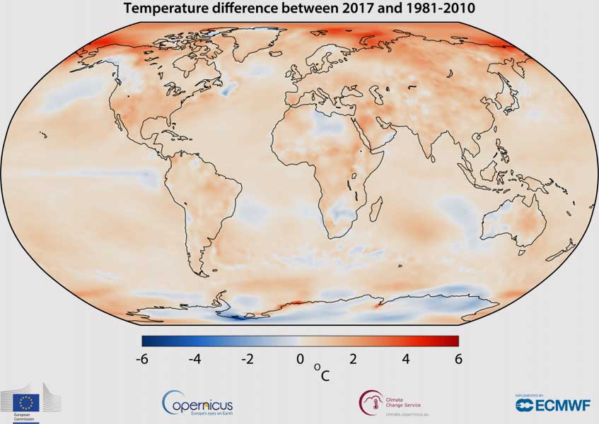 Copernicus Climate Change Service, ECMWF | In einigen Regionen sehr hoch: Temperaturunterschied zwischen dem Jahresmittel 2017 und der Referenzdekade 1981 bis 2010.