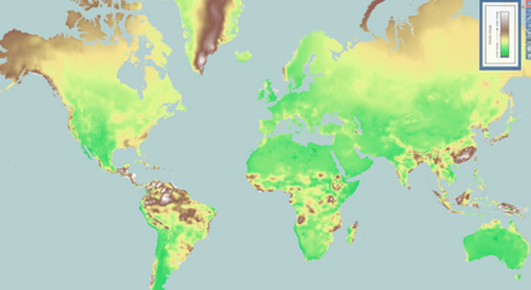 Tomasz Stepinski/ClimateEx | UC's ClimateEx interactive map shows where climate is expected to change most between 2000 and 2070. The brown and white areas indicate greater change in temperature, precipitation or both. This suggests higher latitudes and the tropics will experience significant climate change. Green indicates areas of least change.