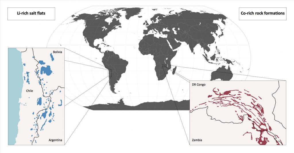 Nature Reviews Materials ©Macmillan Publishers | Regions with highly concentrated reserves: the “lithium triangle“ in South America and, for cobalt, the Copperbelt in Central Africa.