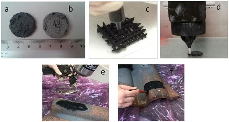 frontiersin.org | New porous hybrid material obtained by direct foaming: sample not treated (a), sample treated with thermal treatment at 400°C (b), extrusion (c), 3D printing (d), deposited by spray (e), or by brush (f).