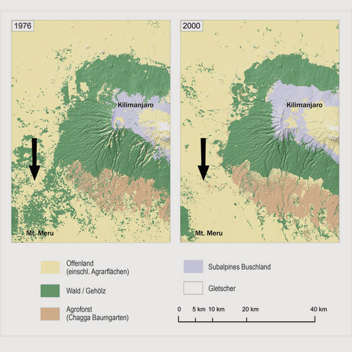 uni-bayreuth.de | Andreas Hemp | Zwischen 1976 und 2000 ist die natürliche waldreiche Vegetation zwischen dem Mt. Meru und dem Kilimanjaro weitgehend verschwunden.