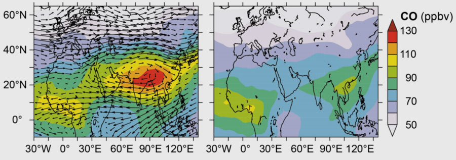 MPI für Chemie | Modellergebnisse verdeutlichen die Luftverschmutzung über Südasien. Das linke Bild zeigt die Kohlenmonoxidemissionen (CO) in 12 bis 17 Kilometer Höhe, rechts die Darstellung ohne Emissionen aus Südasien. Im linken Bild sind zudem die Winde über der Region dargestellt, wodurch man den Antizyklon gut erkennt, der durch den Monsun entsteht. Die Einheit ppbv steht für parts per billion by volume, also Teile pro Milliarde in einem Volumen.
