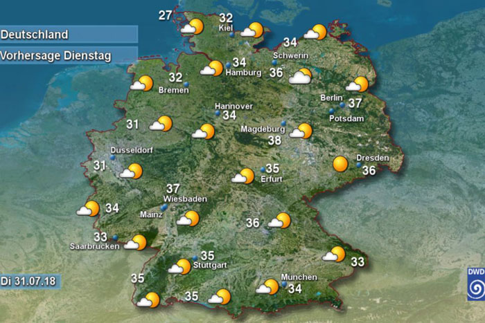 Abbildung 02: Screenshot/DWD | Hitze all over: Vorhersage des Deutschen Wetterdienstes vom 30. Juli 2018, für den folgenden Tag.