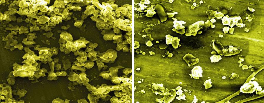 empa.ch | Images of particulate matter in air samples from China (left) and Switzerland. Coloured SEM images.