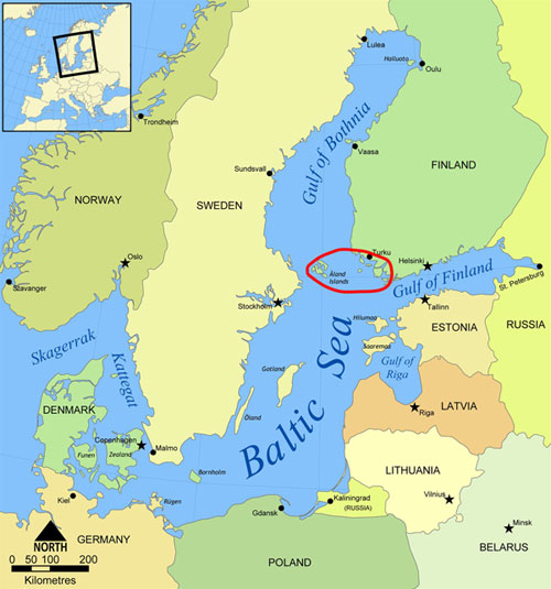 Norman Einstein/Chino | egu.eu | Map indicating the location of the Baltic Sea in Europe and the Archipelago Sea within it (red circle).