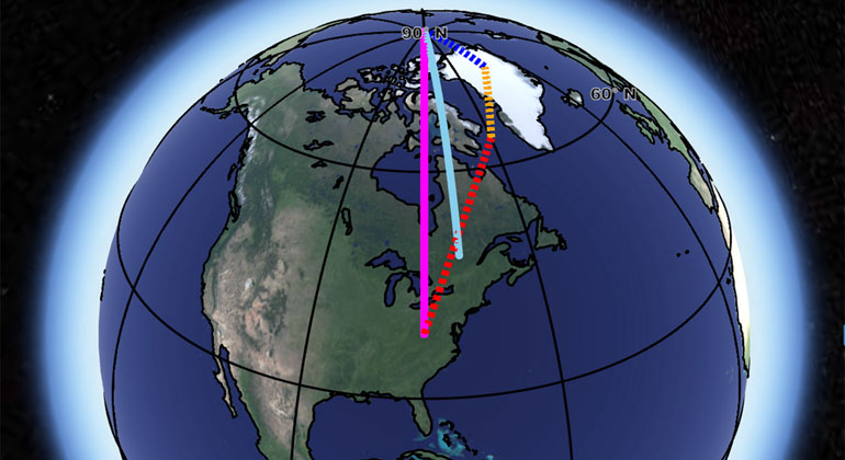 NASA/ JPL-Caltech | The observed direction of polar motion, shown as a light blue line, compared with the sum (pink line) of the influence of Greenland ice loss (blue), postglacial rebound (yellow) and deep mantle convection (red). The contribution of mantle convection is highly uncertain.